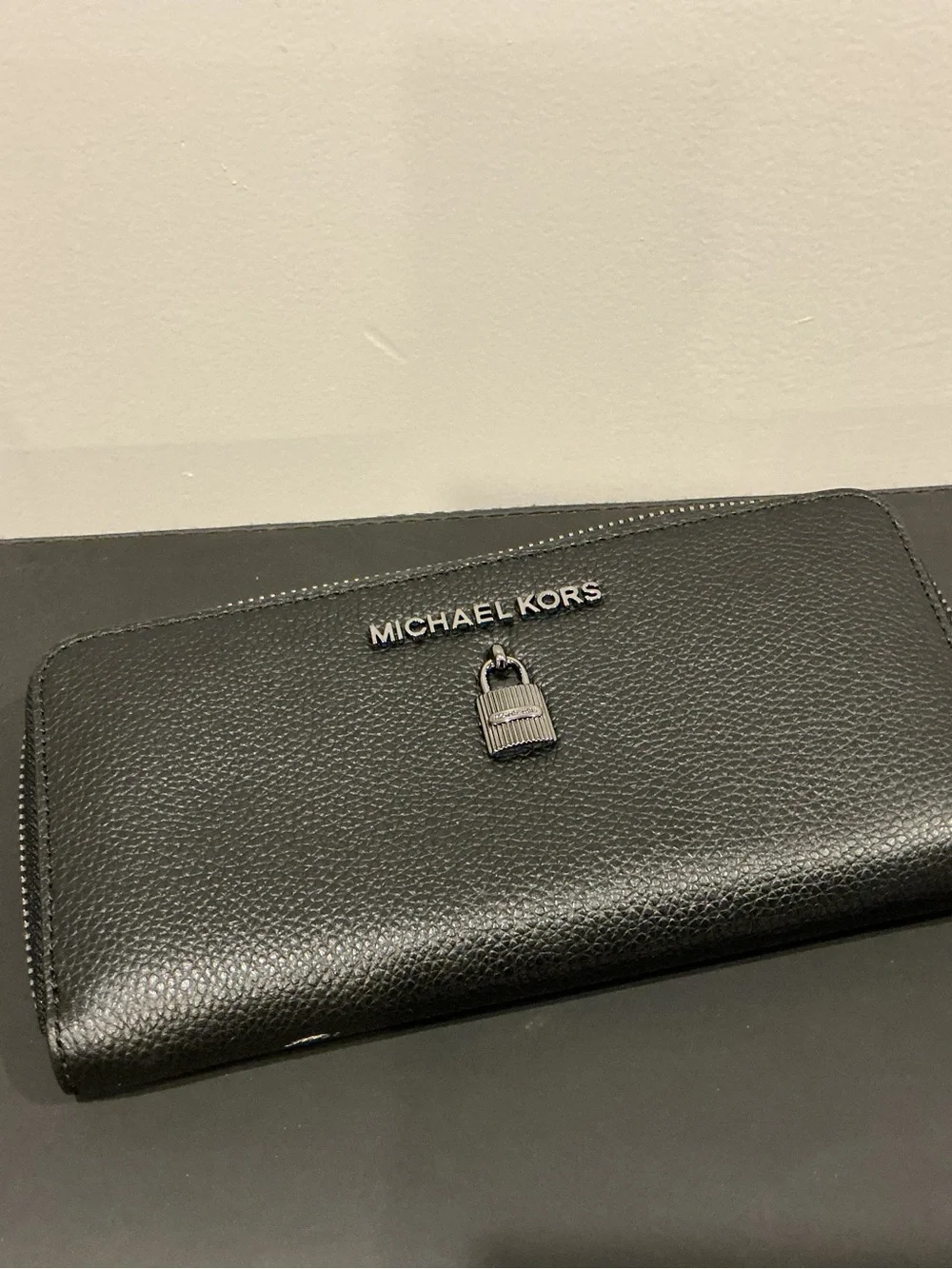 Michael Kors Black Pebbled Leather Phone Case Wallet with Lock Charm